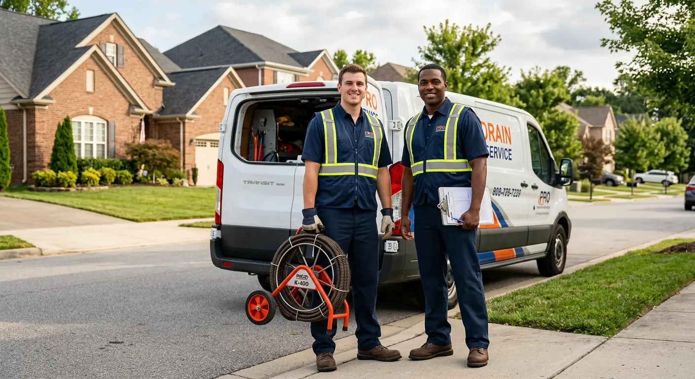 Sewer and drain service team with equipment ready for work in Franklin Town