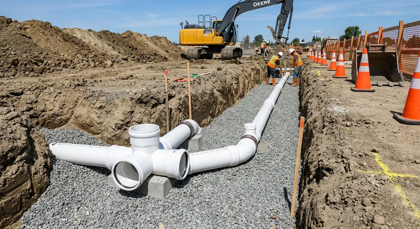 New PVC sewer pipe installation in open trench for Commercial Drain Cleaning in Franklin Town