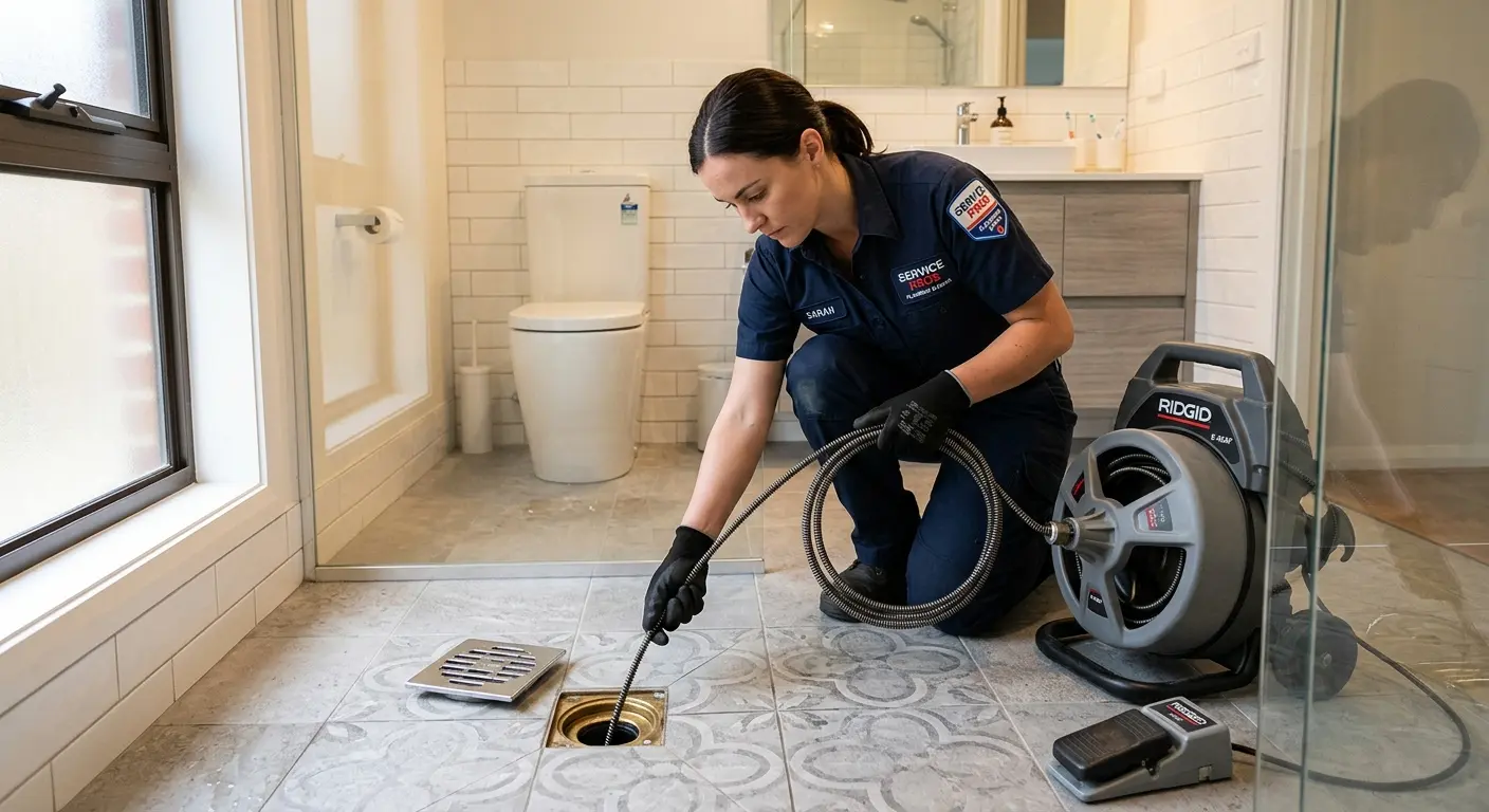 Technician clearing a bathroom floor drain for Hydro Jetting in Franklin Town